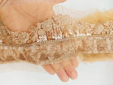 Gold Net Lace Trim with Floral Embroidery and Sequins, Sari Border, Embroidered Trim
